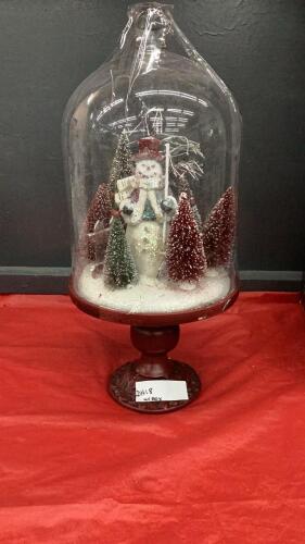 HOLIDAY CLOCHE - SNOWMAN UNDER GLASS ON METAL PEDESTAL BASE