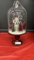 HOLIDAY CLOCHE - SNOWMAN UNDER GLASS ON METAL PEDESTAL BASE