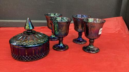 IRREDESCENT CARNIVAL GLASS LIDDED CANDY BOWL & (4) GOBLETS