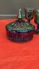 IRREDESCENT CARNIVAL GLASS LIDDED CANDY BOWL & (4) GOBLETS - 2