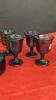 IRREDESCENT CARNIVAL GLASS LIDDED CANDY BOWL & (4) GOBLETS - 3