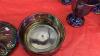 IRREDESCENT CARNIVAL GLASS LIDDED CANDY BOWL & (4) GOBLETS - 4