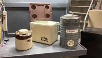 (3)PIECES - VINTAGE METAL IGLOO WATER COOLER, THERMOS COOLER + JUG