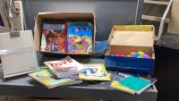 BOX W/ TEACHING BOOKS, PAPER HOLDER,