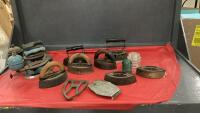 COLLECTION OF SAD & GAS IRONS + (2) INSULATORS