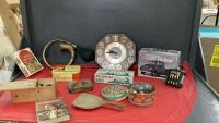 BOX W/ MISC COLLECTIBLE ITEMS - 1950 CHEVY MODEL KIT, CHESS PIECES,, BRASS HORN,FLINCH & MILLE BORNES GAMES, WOOD SCOOP