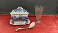SMALL VINTAGE SOUP TOUREEN W/ LADLE ON TRAY & VINTAGE FLUTED GLASS VASE
