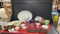 MISC VINTAGE COLLECTIBLES - PLATTERS, CREAM & SUGAR, AVON BOTTLE, FLOWER FROG, GREEN VASE