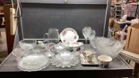 (2)BOXES GLASS BOWLS, ROYAL ALBERT CREAM + SUGAR, GLASS PLATTERS