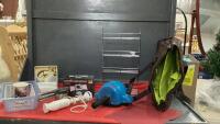 BOX W/ BRIE BAKER, CARD SHUFFLER, HAND BLENDER, METAL SPICE RACK, STAINLESS KETTLE, SMALL RICER