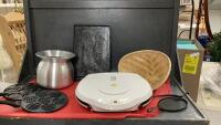 BOX OF MISC HOUSEHOLD - NORDICWARE CHRISTMAS PAN, GEORGE FOREMAN GRIDDLE, CAST GRIDDLE AND SMALL PAN, MINI WAFFLE PANZ, METAL POT