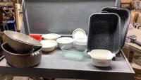 BOX W/MISC CASSEROLE DISHES, CAST ALUMINUM ROASTER, BOWLS