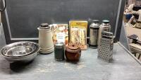 BOX W/THERMOS, GRATER, TEAPOT, RECIPE BOOKS, CARAFE