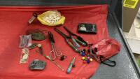 SMALL FLAT OF VINTAGE ITEMS - MARBLES, CURLING IRONS, BELT BUCKLES, WATCHES (MEN'S & WOMEN'S)
