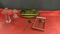 FAITH BASED ITEMS - LAST SUPPER ON WOOD, CRYSTAL CROSSES, METAL PRAYING HANDS ON CROSSES