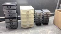 BOX OF SMALL PLASTIC ORGANIZERS