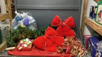 BOX OF CHRISTMAS DECOR - GARLAND, LARGE RED BOWS, RIBBON, BOWS