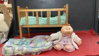 VINTAGE WOOD DOLL CRIB W/ CABBAGE PATCH DOLL