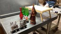 FLAT W/CHRISTMAS DECOR VASES, METAL FIGURE AND STOCKING HOLDERS