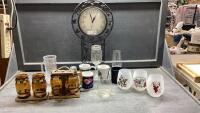CLOCK IN METAL FRAME, VINTAGE BEER GLASSES