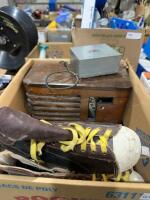 Antique radio and hockey skates and figure skate skates