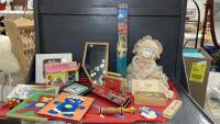 LAMINATED WORLD MAP, PICTURE CUBE PUZZLE, MOP DOLL, A FEW LAPEL PINS, FOAM PUZZLES, RUBIKS CUBE