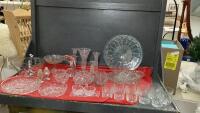 BOX OF CRYSTAL & GLASSWARE PIECES - CRYSTAL WHALE, SALAD BOWL, DRINKING GLASSES, DIVIDED PICKLE DISHES