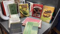 LAUNDRY BASKET OF COOKBOOKS AND SOME MISC BOOKS