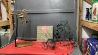 FANCY TABLETOP CORK SCREW, METAL WINE BOTTLE HOLDERS, HUMMINGBIRD "JOY" PICTURE ON WOOD