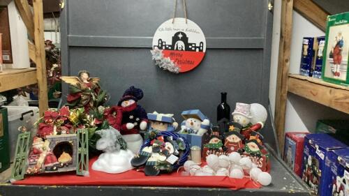 CHRISTMAS DECOR - CENTRE PIECE W/ ANGEL, SNOWMAN IN BOXES, STRING OF BATTERY LIGHTS, NATIVITY WALL HANGING