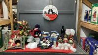 CHRISTMAS DECOR - CENTRE PIECE W/ ANGEL, SNOWMAN IN BOXES, STRING OF BATTERY LIGHTS, NATIVITY WALL HANGING