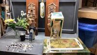 BOX W/ WALL PLAQUES, OIL LAMP, COLLECTOR SPOONS,