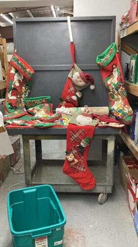 TOTE W/ CHRISTMAS DECOR - STOCKINGS, SMALL RUG,