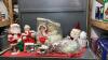 TOTE W/ CHRISTMAS DECOR, DOLLS W/ CROCHETED CLOTHING, CROCHET YARN, GARLAND, BUBBLE BULBS