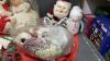 TOTE W/ CHRISTMAS DECOR, DOLLS W/ CROCHETED CLOTHING, CROCHET YARN, GARLAND, BUBBLE BULBS - 4