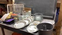 (2)BOXES - PIE PLATES, CAKE PANS, HAND MIXER, RECIPE CARDS, MUGS
