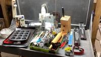 BOX W/KNIVES, KNIFE BLOCK, COOKIE CUTTERS, GRATER, IMMERSION BLENDER