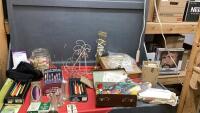 BOX W/ ADVENT CANDLE HOLDER, NEEDLPOINT YARN, BRASS CANDLESTICKS, TAPER CANDLES,