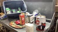 TOTE W/VINTAGE ICE BUCKETS, CALGARY FLAMES MINI KEG, COASTERS,