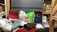 BOX OF MISC MATERIAL, A FEW SEWING NOTIONS AND SOME BATTING