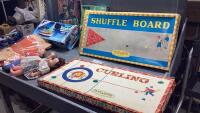 TOTE W/VINTAGE DOLLS, CURLING GAME, MODEL SHIP,