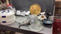 BOX W/CAKE PANS, GLASS BOWL, COFFEE PRESS, POPCORN POPPER, MEAT GRINDER