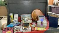 BOX OF KITCHEN ITEMS - SMALL AC UNIT, MARTINI SHAKER, CORN SHREDDER, CHRISTMAS COOKIE CUTTERS, MINI DONUT PAN