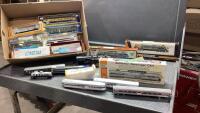 (2) BOXES WITH RAIL CARS, PASSANGER CARS, LOCOMOTIVES + LOTS OF TRACK