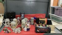TOTE W/ BEER STEINS AND OTHER LIQUOR RELATED ITEMS