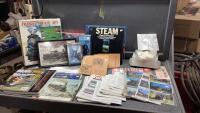BOX WITH TRAIN RELATED ITEMS - CALENDARS, POSTCARDS, PUZZLE