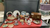 MISC COLLECTIBLES - SMALL PHILCO TUBE RADIOCHEESE PLATES, METAL BOWL W/ LID, GREASE CANISTER, (2) COLLECTOR PLATES,