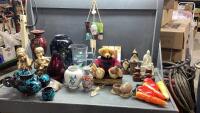 BOX + TOTE W/ VASES, ORNAMENTAL VEGGIES, BOOK ENDS, ASIAN TEA SET