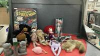 BOX OF TOYS AND FOX HEAD & TAIL - SPIDERMAN PICTURE, ELEPHANT BOOK ENDS, HOLIDAY BARBIE
