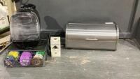 TASSIMO COFFEE MAKER W/PODS AND STORAGE , METAL BREAD BOX
